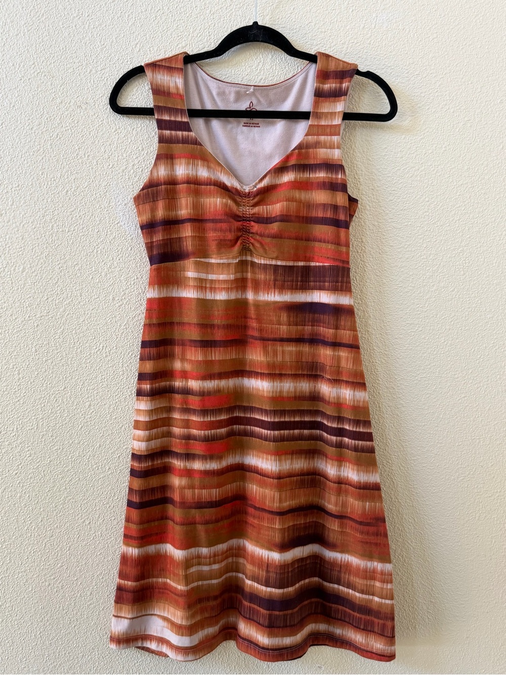 Prana Striped Sleeveless Midi Dress in Rust and Cream Tones